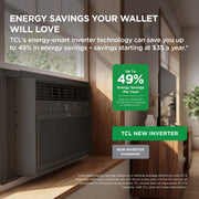 TCL Smart Inverter Window Air Conditioner, 8,000 BTU, Energy Efficient, Black, 350 Sq Ft Coverage, Remote Control, W8WC72-B