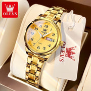 OLEVS 5567 Ladies Quartz Wrist Watch, Two-Tone Gold Plated Stainless Steel, Analog Quartz Movement, Digital Date Display, Luminous Hands, Waterproof