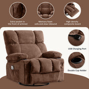 JONPONY Massage Swivel Rocker Recliner Chair with Heated Vibration Massage, Ergonomic Lumbar Support, USB Charge Port, 2 Cup Holders, Side Pocket, Brown