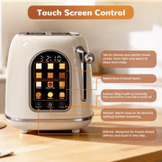 Mecity Easy Touch Screen 2-Slice Toaster, Retro Stainless Steel, Wide Slots, 6 Browning Levels, Bagel, Defrost, Reheat, Removable Crumb Tray, Cream Color, T-M6-CR