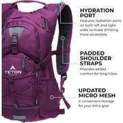 Teton Oasis Hydration Backpack, 18L Capacity, Plum Purple, Lightweight Water Pack with 2L Bladder, Sewn-in Rain Cover, Adjustable Straps, Ambidextrous Hydration Ports, 3218PL