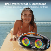 JYX Bluetooth Speaker D16-T, Waterproof Portable Boombox, Dual 20W Subwoofers, Bluetooth 5.3, Wireless Microphones, RGB DJ Lights, Remote Control, Black