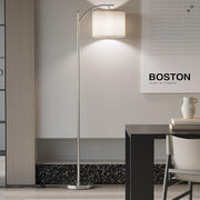SUNMORY Arc Floor Lamp with Adjustable Hanging Linen Shade, 9W LED Bulb with 3 Color Temperatures, Foot Switch, Silver