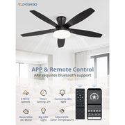 Zardon 52in Ceiling Fan with Light, Remote Control, Reversible Motor, 6 Speeds, Flush Mount, Indoor Outdoor, Black HQ52