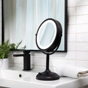 Jerdon Lighted Tabletop Makeup Mirror with 10X and 1X Magnification, Black Satin Finish, 8.5-Inch Diameter, Multiple LED Light Settings, JS8510BBK