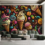 VVLUXIDECO Peel and Stick Canvas Wallpaper, Cartoon Ice Cream Doodles Seamless Pattern, Self-Adhesive, Removable, 100in x 144in