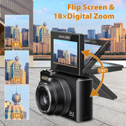 Saneen Digital Camera 64MP 4K UHD Vlogging Camera with 3-Inch 180 Flip Screen, 18X Digital Zoom, WiFi Enabled, Black W08C-Black