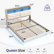 Cocosity Floating Upholstered Bed Frame, Queen Size, Beige, Ergonomic Adjustable Storage Headboard with USB Charging, RGB LED Lighting, Metal Frame