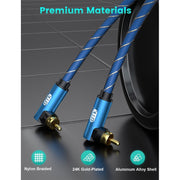 EMK 90 Degree Subwoofer RCA Cable, Male to Male, Digital Coaxial Audio, 10FT, Blue Braided Jacket, 90RCA3