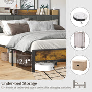 SUNNY HEAT Bedframe with King Size Soft Headboard and Charging Stations, Log Brown, King Size