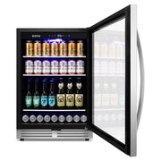 Nipus 24 Inch Beverage Refrigerator Cooler, 190 Can Capacity, Reversible Glass Door with Stainless Steel Trim, LED Light, Safety Lock, Silver