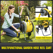 Hortem Garden Hose Reel Cart with 100FT Rubber Hose, 6FT Leader Hose, Adjustable 10-Pattern Sprayer Nozzle, Durable Metal Frame, Smooth-Rolling Wheels