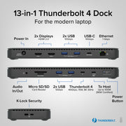 Plugable Thunderbolt 4 Docking Station, 13-Port USB-C Hub, Dual 4K 60Hz HDMI, Single 8K Display, 100W Charging, Gigabit Ethernet, SD Card Reader, Black, TBT4-UD5