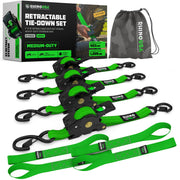 Rhino USA Retractable Ratchet Straps, Heavy Duty 1 Inch x 10 Feet, 1,209 lb Break Strength, Green, 4-Pack