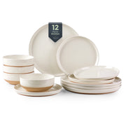 AmorArc Ceramic Dinnerware Set, 18 Pieces, Service for 6, Handpainted Plates and Bowls with Rustic Terracotta Underside, Scratch Resistant Stoneware, Dishwasher and Microwave Safe, Light Beige