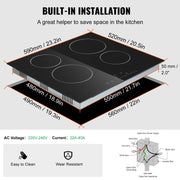 KFFKFF Electric Cooktop, 4 Radiant Burners, 6000W, Ceramic Glass Top, Touch Controls, Built-in Timer, Child Lock, 9 Heat Levels, Black, 23.2x20.5 in, LT4-77