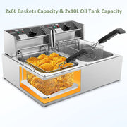Tangme Commercial Deep Fryer, 3400W Electric, Dual 6.35QT Baskets, 0.8mm Thickened Stainless Steel, 20.7QT Capacity, Temperature Limiter, 82