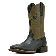Ariat Sport Antlers Western Boots, Waterproof Full-Grain Leather, Embroidered American Flag and Deer Skull, Square Toe, Block Heel, Black Adobe/Four Leaf Clover, 8.5