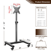 YOMT Modern Metal Rolling TV Cart Stand for 13 to 43 Inch TVs, Lockable Wheels, Height Adjustable, Tilt Screen, Black, MT1004-Z