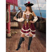 Joyfy Pirate Costume for Women, Complete Set with Dress, Hat, Belt, and Sleeves, Black and Red