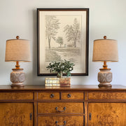 Oneach Vintage Table Lamps Set of 2, Brown Resin Base with Floral Carving, Beige Linen Drum Shade, 18.75 in, Farmhouse Style, Rotary Switch, AMZ-T1094RS