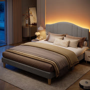 Pinmoco Full Upholstered Bed Frame with Adjustable Arc-Shaped Headboard, Warm Orange LED Lighting, Gray Fabric