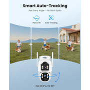 Hiseeu 4MP Dual Lens Solar Battery Outdoor Security Camera, 360 Panoramic View, Waterproof, PIR Motion Detection, Two-Way Audio