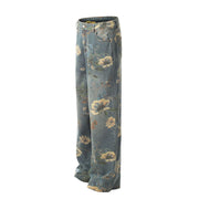 Panan Retro Inspired Floral Printed High-Waisted Wide-Leg Denim Jeans, Light Wash Blue, Mid-Rise, Full Length, Cotton