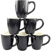 Calenzana Coffee Mug Set, 6 Pack, Embossed Multi-Pattern Black Ceramic Cups, 11.8 fl oz