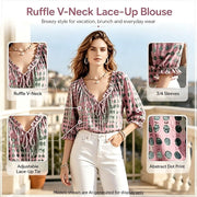 Generic Women's Polka Dot Lace Up Blouse, Abstract Geometric Print, Adjustable Ruffle V-Neck, Lightweight 3/4 Puff Sleeves, Soft Breathable Polyester