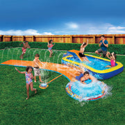 Banzai Aqua Drench 3-in-1 Splash Park with Curved Water Slide, Inflatable Pool, Built-in Sprinkler, Inflatable Bodyboard, Blue and Orange, 15 ft