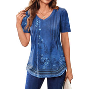 Fantaslook Womens Blouse, Dressy Casual V Neck Pleated Tunic Top, A Blue Floral