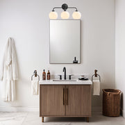 Reagan Bathroom Vanity Light Fixture, Triple Mouth-Blown Glass Globes, Matte Black Steel Frame, Dimmable, Damp Rated, 22 in