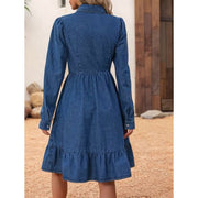 Women's Blue A-Line Denim Dress with Ruffle Swing Hem, M