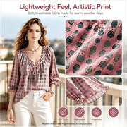 Generic Women's Polka Dot Lace Up Blouse, Abstract Geometric Print, Adjustable Ruffle V-Neck, Lightweight 3/4 Puff Sleeves, Soft Breathable Polyester