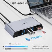 BENFEI DisplayLink 12-in-1 USB 3.0 Docking Station, Dual HDMI 2560x1440 Output, 6 USB Ports, SD/TF Card Reader, Gigabit Ethernet, 3.5mm Headphone Jack, Gray
