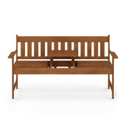 Furinno Tioman Outdoor Hardwood Bench, Malaysian Dark Red Meranti Wood, Waterproof Teak Oil Finish, Pull-Out Middle Seat Table, Natural