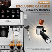 LifeImpree Espresso Machine with Grinder, 20 Bar Pressure, 1550W Fast Heating, Powerful Milk Frother Steam Wand, 30 Grind Settings, Portafilter for Capsules, Silver, CM7207CB