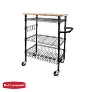 Rubbermaid 85031B 3-Tier Heavy Duty Black Rolling Utility Cart with Solid Wood Top, 300lb Capacity