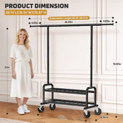 LZNIOZ Heavy Duty Garment Rack with Adjustable Rod, Two Mesh Shelves, Locking Wheels, Black, 66 L71 H17 W