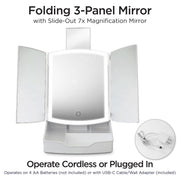 iHome iCVS30 Portable Tri-Fold Lighted Vanity Mirror with Makeup Organizer, Three Color Light Modes