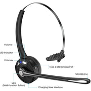 Caymuller Bluetooth 5.1 Wireless On-Ear Headset, Noise Canceling Microphone, Charging Base, Mute Button, Black, DT629