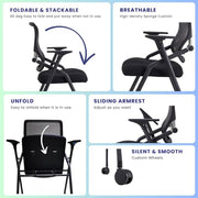 BROBRIYO BRY-001-01 Stackable Folding Chair with Ergonomic Mesh Back, Padded Cushion, Padded Armrests, 360 PU Wheels, Metal Frame, Black