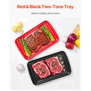KFFKFF Set of 2 Melamine Serving Trays with Handles, Non-Slip Striped Surface, Black and Red, 17 x 10.35 in, TS-7068