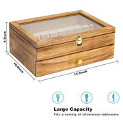 Honiway 2-Layer Wood Silverware Storage Box with Glass Lid, Drawer, Soft Linen Liner, Brown, 14.5x10.6 in, W5-015101