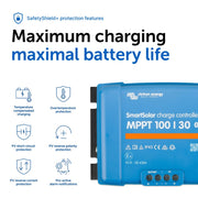 Victron Energy SmartSolar MPPT Solar Charge Controller with Bluetooth, 100V, 30 Amp, 12/24-Volt, Blue, SCC110030210