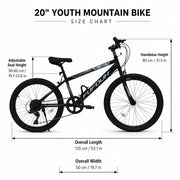 FUPOJH 20 Inch Kids Mountain Bike, 7 Speed, V Brakes, Off Road Tires, Black