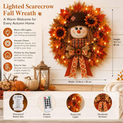 Generic Fall Wreath with Scarecrow, Sunflowers, Maple Leaves, Warm LED Lights, Burlap Bow, 20 Inch