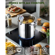 Cook N Home Deep Fryer Pot, 5-Quart Japanese Tempura, 304 Stainless Steel with Temperature Control Thermometer, Oil Drip Rack, Tempered Glass Lid, 02872
