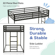 Furniture of America Veric Kids Twin Over Twin Low Profile Bunk Bed, Black Metal Frame, Noise-Reduction Slats, Reversible Ladder